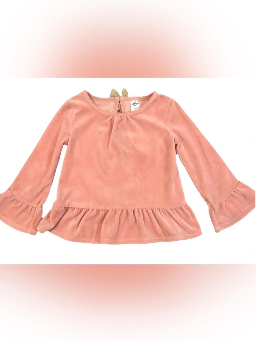 OshKosh B’gosh Pink Crushed Velvet Peplum Top Gold Bow 3T
